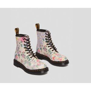 Dr. Martens Cream Floral Lace-Up Combat Boots with Black Laces